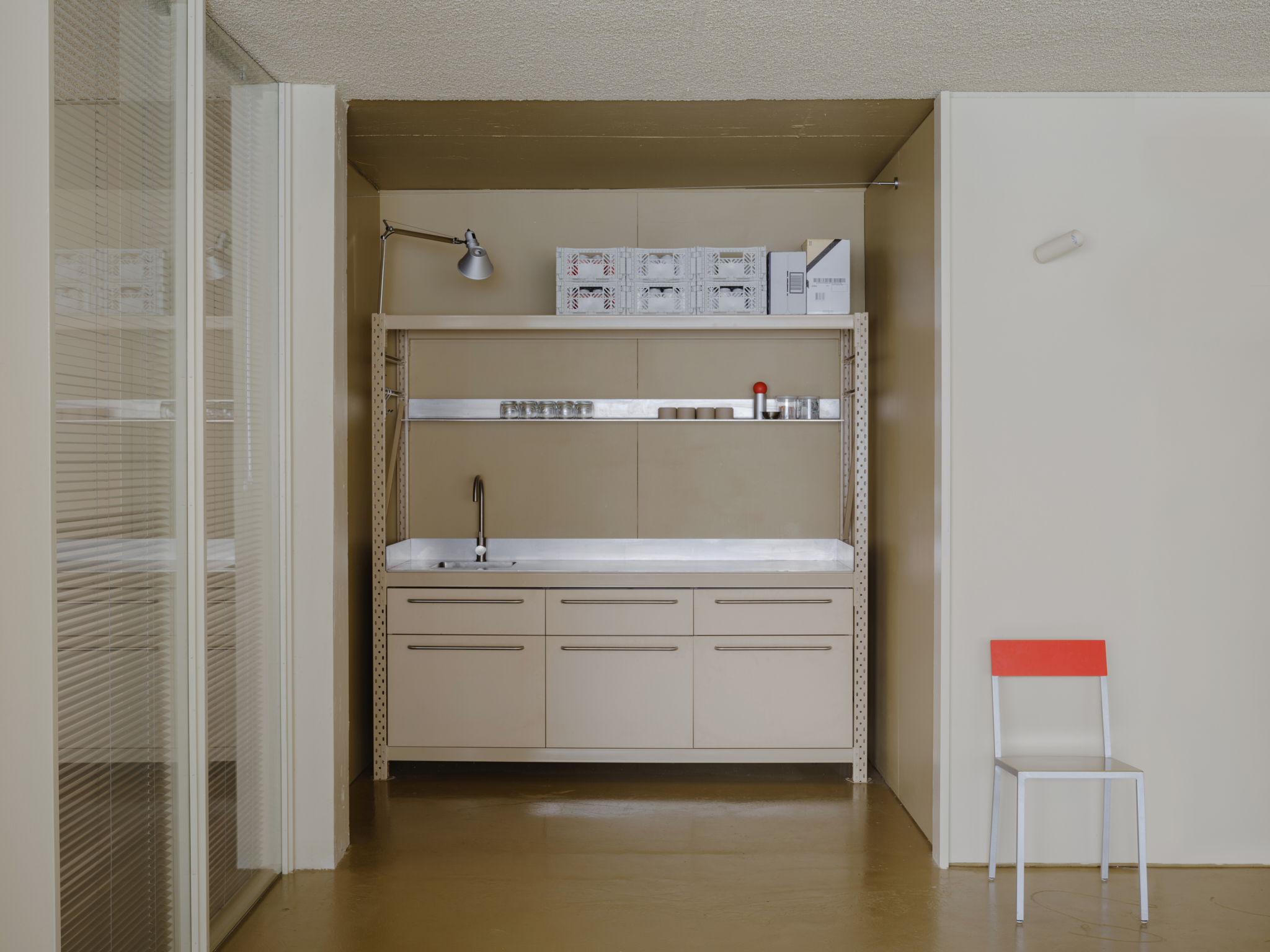 Freestanding Kitchen. Longspan Racking. Office. Ellul Architecture. Manna. Beige